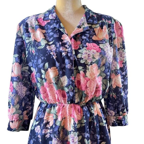 80s Vintage California Looks Dark Blue and Pink Floral Crepe Midi Dress Size 12 - Picture 4 of 6